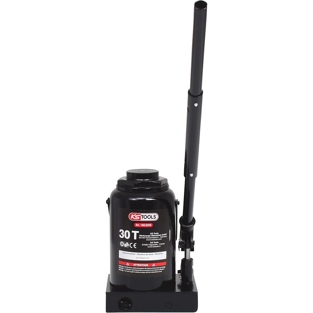 Schwarzer hydraulischer Wagenheber mit 30 Tonnen Hubkraft. Griffstange ragt nach oben.